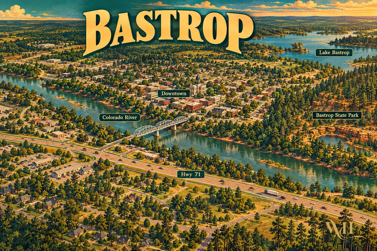 Illustrated vintage map of Bastrop showing the Colorado River, downtown, Highway 71, Bastrop State Park and Lake Bastrop