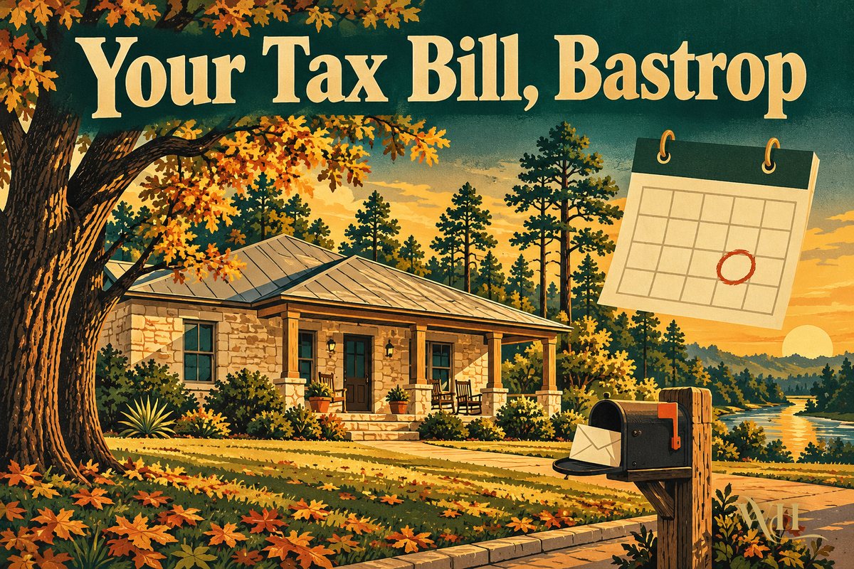 Illustrated poster of a Bastrop home at dusk with an envelope and a calendar marked February and the words Your Tax Bill, Bastrop