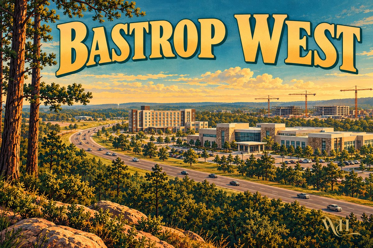 Illustrated poster of a modern hospital and hotel rising beside the Lost Pines with the words Bastrop West, Bastrop