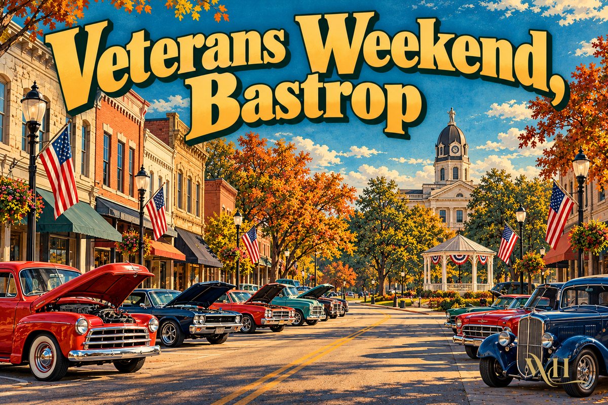 Illustrated poster of classic cars lined up on Main Street in downtown Bastrop with American flags and the words Veterans Weekend, Bastrop