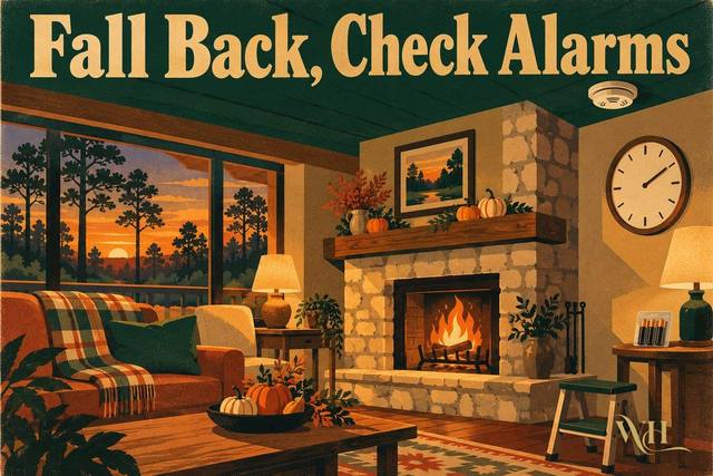 Illustrated poster of a cozy Bastrop home interior with a wall clock and a ceiling smoke alarm and the words Fall Back, Check Alarms
