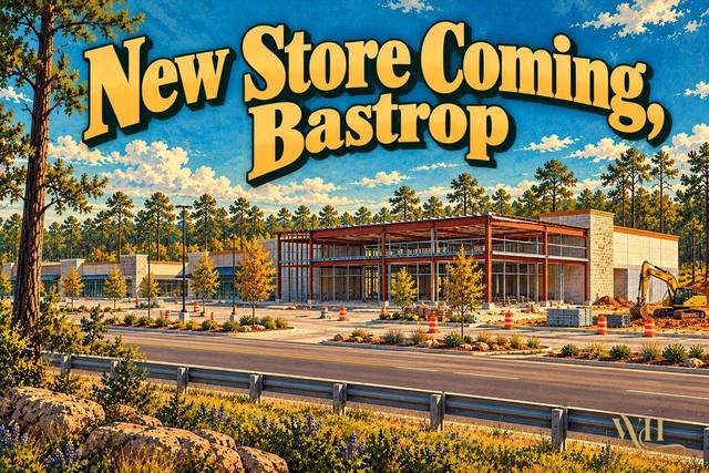 Illustrated poster of a new retail storefront under construction in a Bastrop shopping center with pine trees and the words New Store Coming, Bastrop